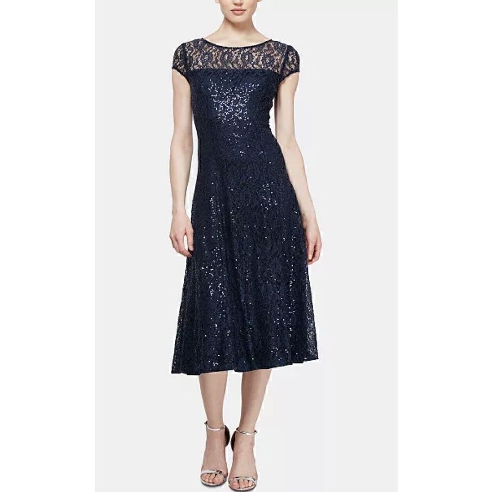 Sl Fashions Sequined Lace Midi Dress. Blue Size 8. NWT.